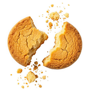 A broken peanut butter cookie on a white background