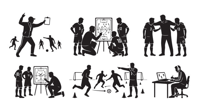 Black silhouettes of soccer players and coaches in various actions and strategies on white background