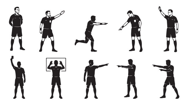 Referee hand signals and gestures for various soccer actions and decisions illustrated in black and white