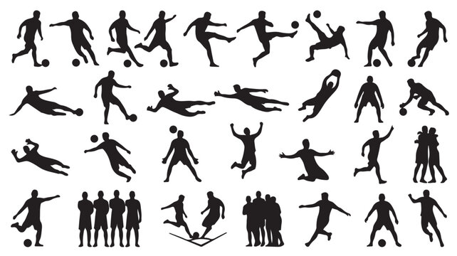 Black silhouettes of soccer players in various poses and movements on white background for design