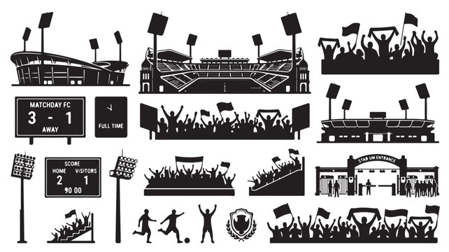Black silhouettes of soccer stadium elements and fans with scoreboards on white background illustration