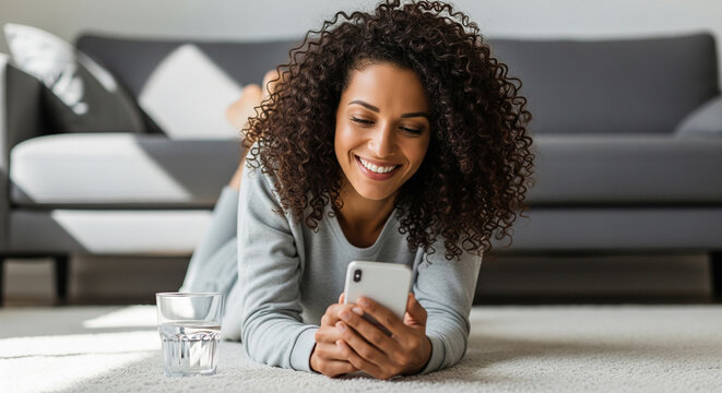 A young woman smiles as she works on her laptop in a comfortable home setting, a concept for freelancing and modern digital nomads