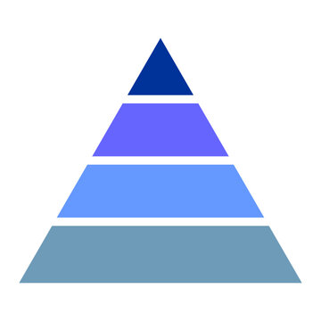 Minimalist pyramid infographic diagram with 4 blue gradient levels. Geometric triangle funnel process chart template vector illustration for business presentation layout.