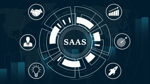 Saa S technology abstract atom network with business icons digital transformation cloud computing data analytics innovation.4k video.