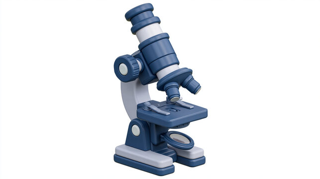 Minimalist 3D Laboratory Microscope in Claymorphism Style with Navy Blue and White Matte Finish Isolated on White Background