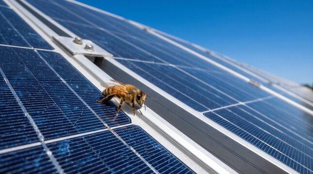An industrious bee explores the surface of a modern solar panel, symbolizing the crucial intersection of natural ecosystems and clean energy technology for a sustainable future