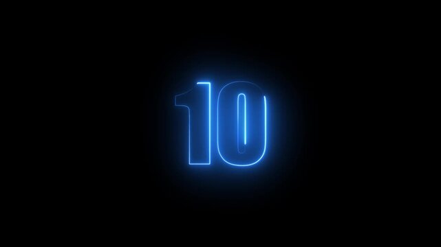 Abstract glowing neon text 10 number countdown icon. Glowing sign on black background Neon number 10 with alpha channel, simple blue neon color. Seamless loop style animation