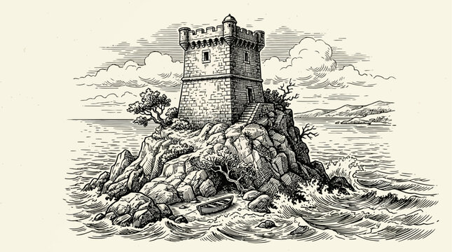 Detailed vintage engraving vector illustration of a historic coastal watchtower perched on a rugged cliff overlooking the ocean, classic maritime architecture with antique woodcut aesthetic