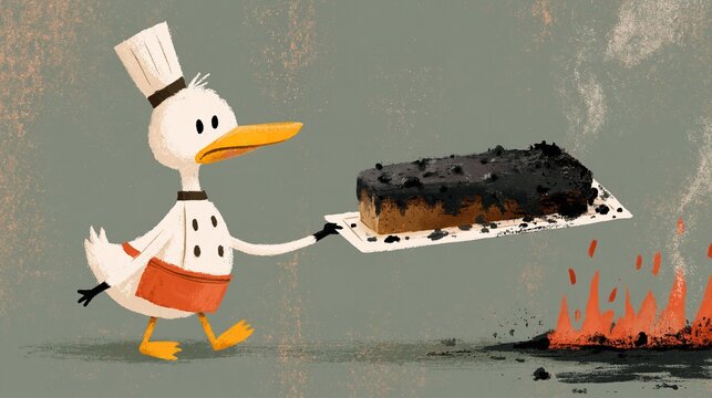 Cartoon chef duck holding a burnt cake next to fire