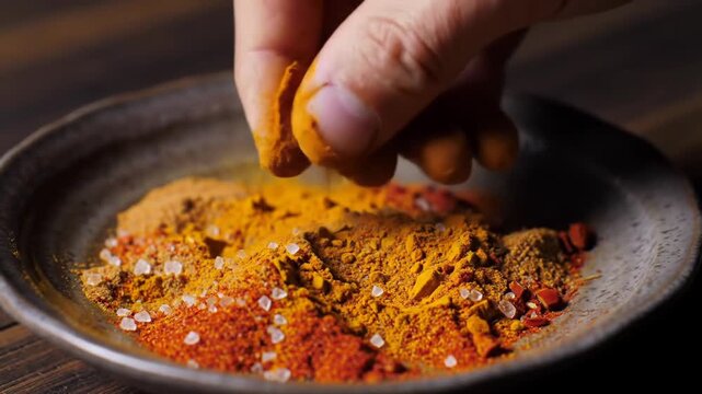 Hand pinching colorful spices in a rustic bowl