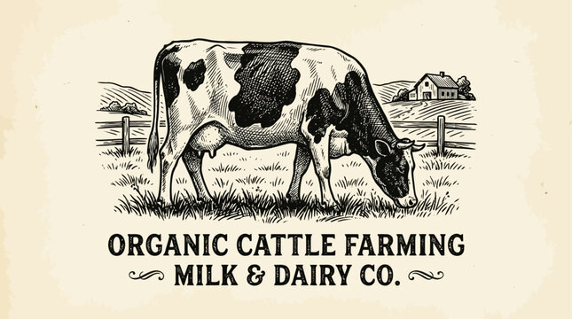 Rustic Vintage Woodcut Vector Illustration of a Grazing Dairy Cow in a Traditional Pastoral Farm Setting, Featuring Classic Engraving Style for Organic Agriculture Branding and Design.