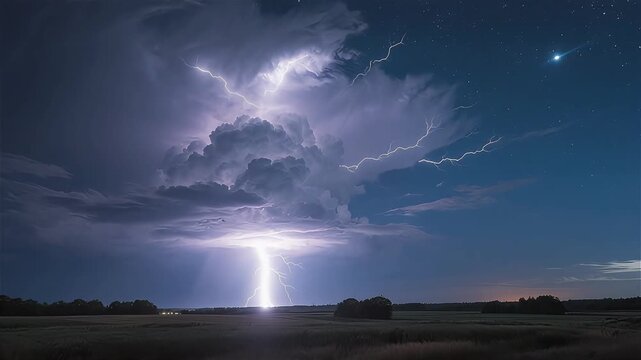 Spectacular dramatic lightning storm flashing inside dark menacing thunderstorm supercell clouds at night.