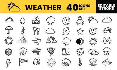 Fototapeta premium Comprehensive set of forty minimalist weather line icons displaying various atmospheric conditions for clean professional web designs.