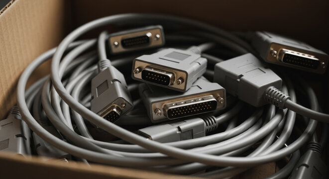 Tangled pile of grey serial cables and RS-232 connectors in a cardboard box
