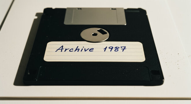 Vintage 3.5-inch floppy disk with handwritten archive label from 1987 on a white surface