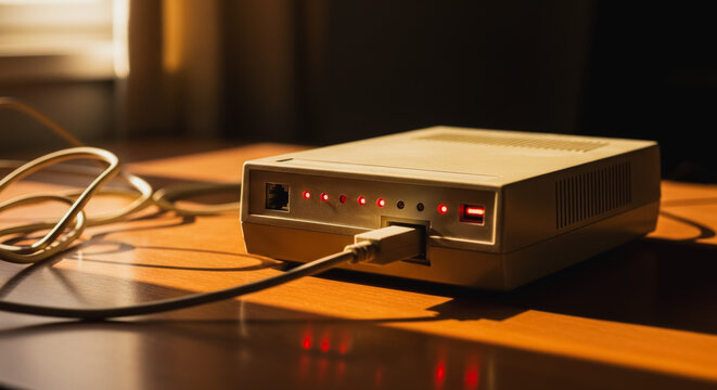 Vintage network modem with glowing red indicator lights on a wooden desk in warm sunlight