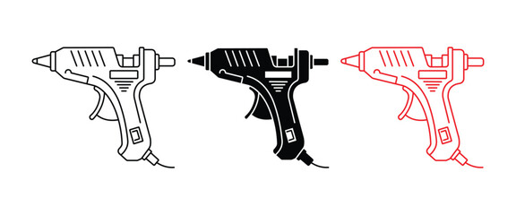 Hot Glue Gun Icon Set – Adhesive Tool, DIY Craft Equipment, Glue Applicator, Workshop Supplies, Outline & Silhouette Vector Collection © Firoz Art Studio99