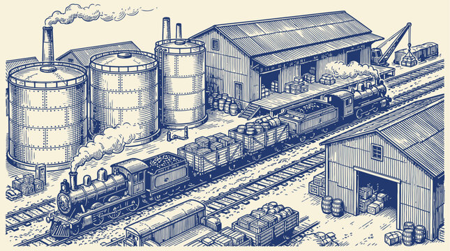 Vintage engraving vector illustration of a massive industrial rail freight locomotive engine pulling heavy cargo wagons on steel tracks, detailed historical sketch of nineteenth century transport.