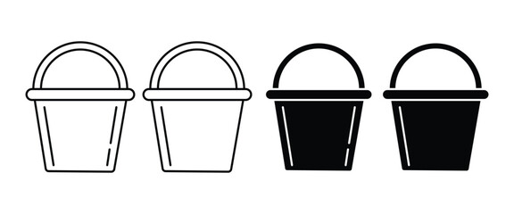 Water Bucket Icon Set – Cleaning Bucket, Wash Pail, Household Hygiene, Water Container, Outline & Silhouette Vector Collection © Firoz Art Studio99