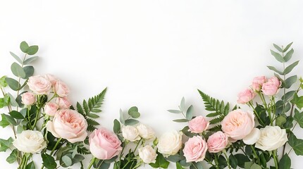 Pink and white roses with greenery on white background © Jesmin