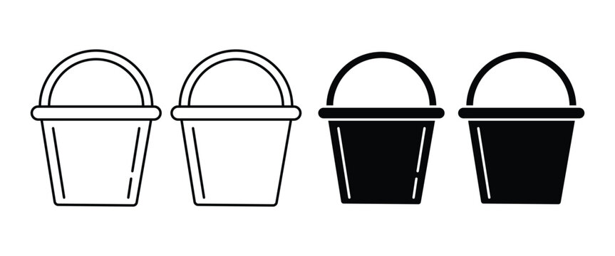 Water Bucket Icon Set &ndash; Cleaning Bucket, Wash Pail, Household Hygiene, Water Container, Outline & Silhouette Vector Collection