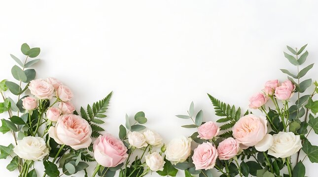 Pink and white roses with greenery on white background