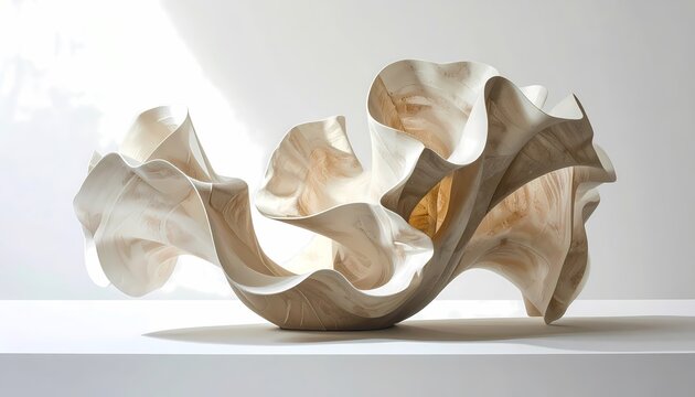 Abstract organic flowing sculpture, medium shot for interior decoration, realistic 3D render, soft bright light on minimalist white background.