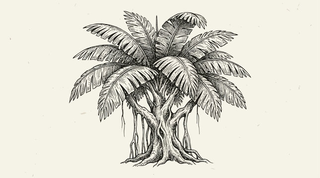 Detailed hand drawn vintage sketch of a tropical palm tree, botanical illustration of exotic flora on plain background, natural organic foliage, artistic pencil drawing and graphic design element.
