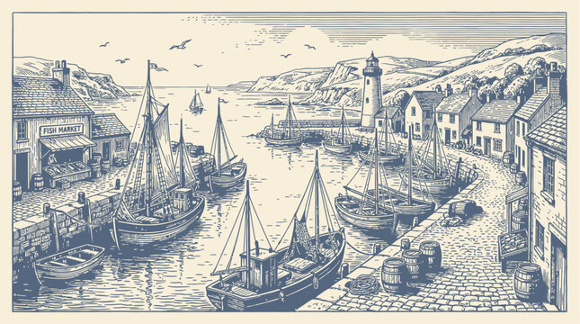 Ornate retro etching of a seaside piscatorial seaport featuring classic maritime vessels, nautical docks, and traditional wharf structures in an aged monochrome ink drawing style.