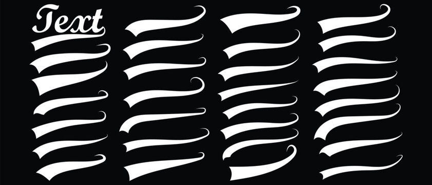 set of white swooshes underline text tail. swash typography font style. hand drawn white swoosh underline typographic element vector illustration.