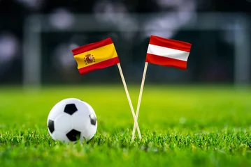 Fototapeten Restaurant Spain vs Austria, national flags before international football tournament Round of 32 match, football on green grass with goal in the background, Inglewood, California, USA, July 2, 2026  © kovop58