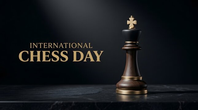 Minimalist black king chess piece on marble table for international chess day