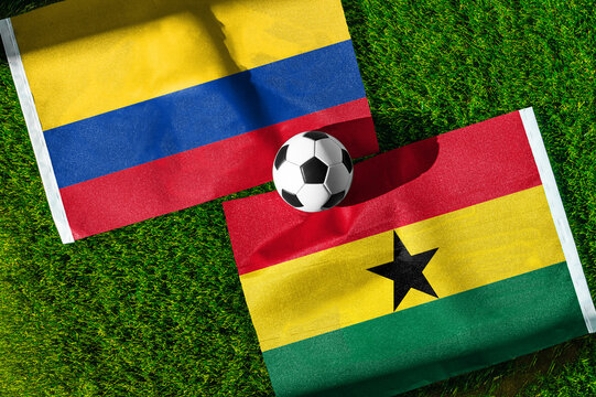 Colombia vs Ghana, national flags before international football tournament Round of 32 match, football on green grass with goal in the background, Kansas City, Missouri, USA, July 3, 2026