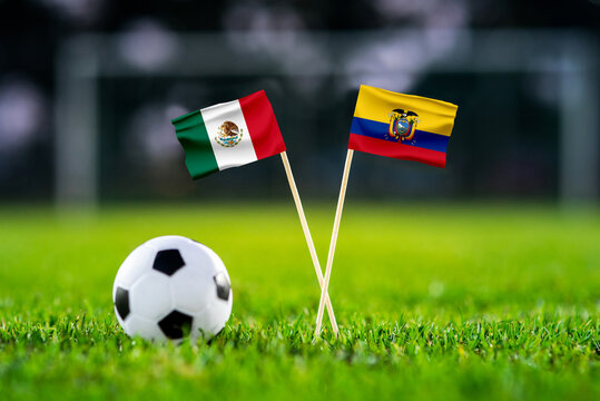 Mexico vs Ecuador, national flags before international football tournament Round of 32 match, football on green grass with goal in the background, Mexico City, Mexico, June 30, 2026