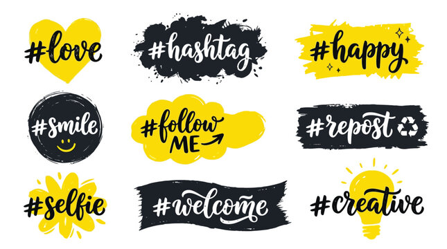 Vibrant set of black and yellow hashtag vector graphic illustrations for modern social media posts