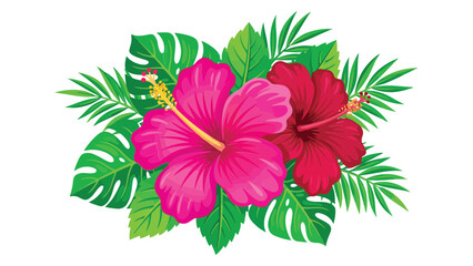 Tropical hibiscus flower clipart with lush green leaves for summer invitations and decor © azad