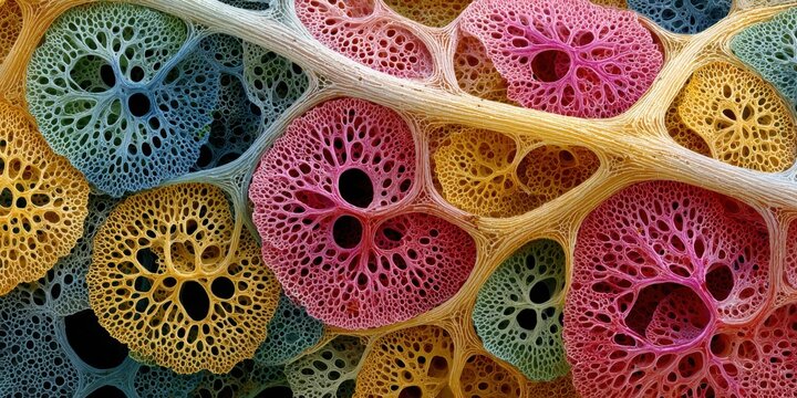 Colorful abstract representation of cellular structures with intricate patterns and textures resembling biological tissue in vibrant shades of pink, yellow, blue, and green