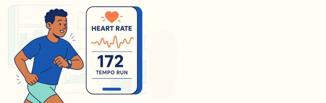 Cartoon styled fitness concept with jogger tracking heart rate on smartwatch and smartphone, light background with copyspace for banner or ad. Ai generative