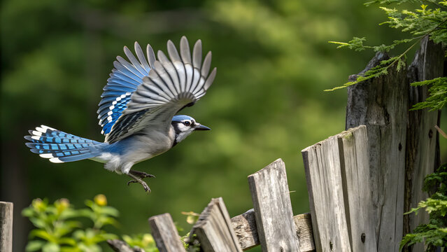 Blue jay bird in mid flight near wooden fence in natural green setting