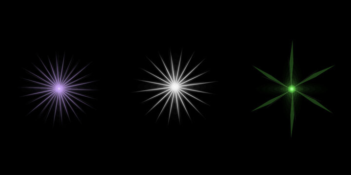 Collection of glowing star light flare effects with colorful rays isolated on black background for digital graphic design elements.