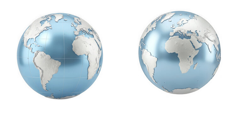 Two 3d globes showing different views of the earth with continents isolated on transparent background