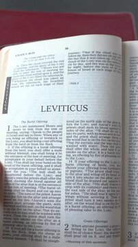 Opening to the Book of Leviticus of the Old Testament in the Holy Bible. New Revised Standard Version. Vertical video.