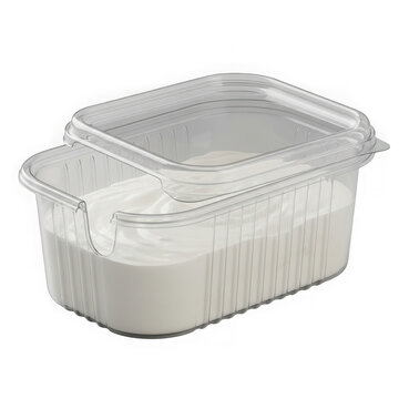 Clear plastic food storage container with lid on white surface isolated on transparent background