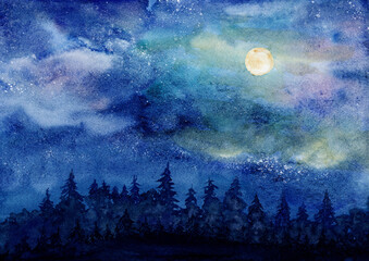 Hand-painted watercolor illustration of a peaceful moonlit night sky above a dark pine forest. © Aleksandra
