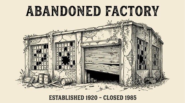 Hand drawn vintage engraving vector illustration of an old abandoned industrial warehouse factory building with broken windows and weathered brick walls in a desolate urban landscape.