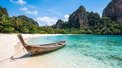 Obraz premium Tropical beach with turquoise water, wooden longtail boat, white sand, palm tree and limestone cliff under blue sky, exotic island travel destination.