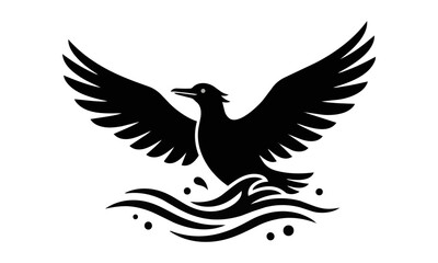 Fototapeta premium Stylized black and white water bird with spread wings and minimalist geometric water patterns isolated on white background minimalist nature concept