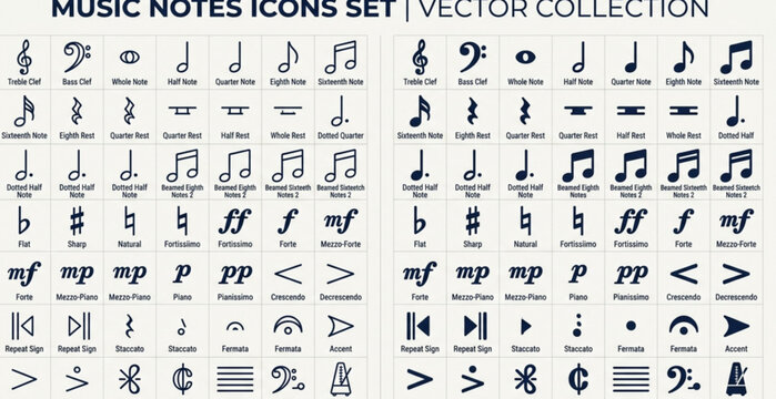 A professional vector illustration featuring a collection of 48 music note icons arranged in a clean symmetrical grid on a solid white background. The set includes quarter notes, eighth notes, sixteen