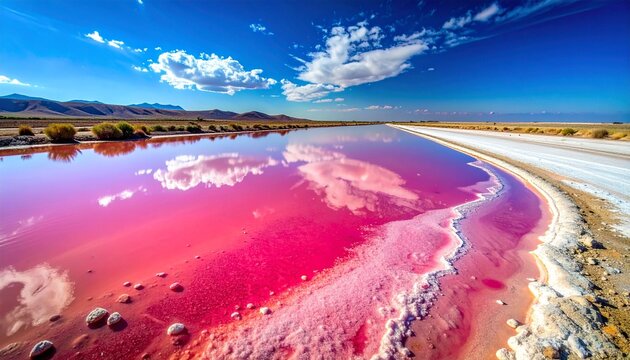 Aerial view of vibrant pink salt evaporation ponds in desert.