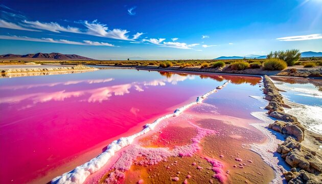 Aerial view of vibrant pink and blue salt evaporation ponds in a coastal desert.